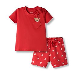 Babyhug Cotton Knit Half Sleeves Hearts Printed T-Shirt & Shorts Night Suit - Red