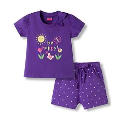 Babyhug Cotton Knit Half Sleeves Floral & Polka Dots Printed T-Shirt & Shorts Night Suit - Purple