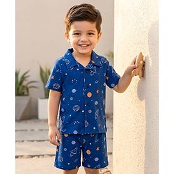Babyhug Cotton Knit Half Sleeves Co-Ord Shirt & Short Night-Suit With Space Theme - Navy Blue