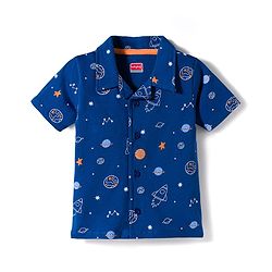 Babyhug Cotton Knit Half Sleeves Co-Ord Shirt & Short Night-Suit With Space Theme - Navy Blue