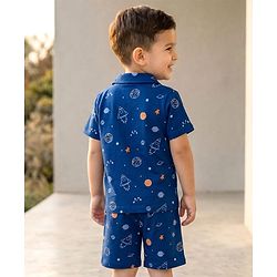Babyhug Cotton Knit Half Sleeves Co-Ord Shirt & Short Night-Suit With Space Theme - Navy Blue