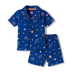 Babyhug Cotton Knit Half Sleeves Co-Ord Shirt & Short Night-Suit With Space Theme - Navy Blue