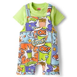 Babyhug Single Jersey Knit Half Sleeves T-Shirt & Dungaree Set with Text Print - Green