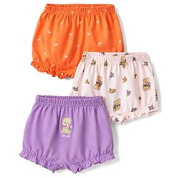 Babyhug 100% Cotton Knit Floral & Bear Printed Bloomers Pack of 3 - Peach Lilac & Orange
