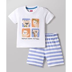 Babyhug Cotton Knit Half Sleeves T-Shirt & Shorts Night Suit With Koala & Sloth Print - White