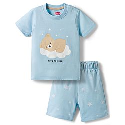 Babyhug Cotton Knit Half Sleeves T-Shirt & Shorts Night Suit With Teddy Bear Print - Light Blue