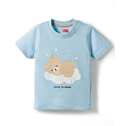 Babyhug Cotton Knit Half Sleeves T-Shirt & Shorts Night Suit With Teddy Bear Print - Light Blue