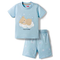 Babyhug Cotton Knit Half Sleeves T-Shirt & Shorts Night Suit With Teddy Bear Print - Light Blue