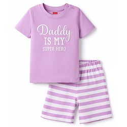 Babyhug Cotton Knit Half Sleeves Text Printed & Striped T-Shirt & Shorts Night Suit - Lavender