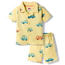 Babyhug Cotton Knit Half Sleeves Co-ords Shirt & Shorts Night Suit with Car Print - Yellow