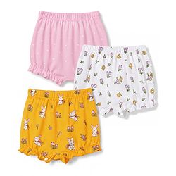 Babyhug 100% Cotton Knit Polka Dots Floral & Bunny Printed Bloomers Pack Of 3 - Pink Yellow & White