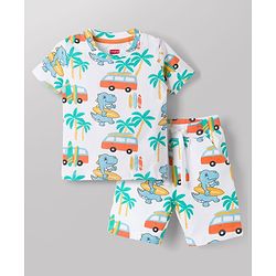 Babyhug 100% Cotton Knit Beach Theme & Dino Printed Co-Ord T-Shirt & Shorts Set - Multicolour