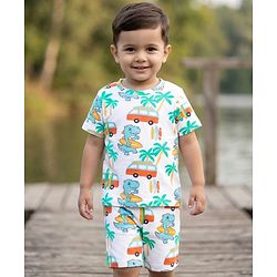 Babyhug 100% Cotton Knit Beach Theme & Dino Printed Co-Ord T-Shirt & Shorts Set - Multicolour