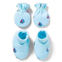 Babyhug 100% Cotton Interlock Knit Mittens & Booties With Boat Print - Blue
