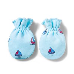 Babyhug 100% Cotton Interlock Knit Mittens & Booties With Boat Print - Blue