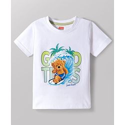 Babyhug Cotton Knit Half Sleeves T-Shirt with Bear Print - White