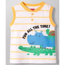Babyhug Cotton Knit T-Shirt Sleeveless Striped with Graphics Multi Color 6-9 Months