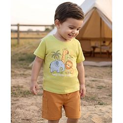 Babyhug Single Jersey Knit Half Sleeves T-Shirt & Shorts Set with Jungle Theme Print - Green & Brown