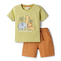 Babyhug Single Jersey Knit Half Sleeves T-Shirt & Shorts Set with Jungle Theme Print - Green & Brown