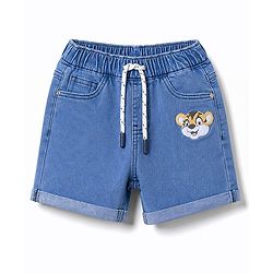 Babyhug Mid Thigh Denim Shorts with Tiger Print & Stretch - Blue