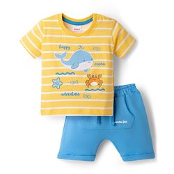 Babyhug Single Jersey Knit Half Sleeves Striped T-Shirt & Shorts Set with Sea Life Print & Patch - Blue & Yellow