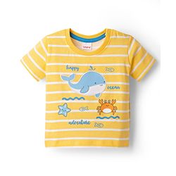Babyhug Single Jersey Knit Half Sleeves Striped T-Shirt & Shorts Set with Sea Life Print & Patch - Blue & Yellow