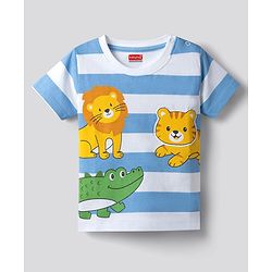 Babyhug Single Jersey Knit Half Sleeves Striped Animal Printed T-Shirt & Shorts Set - Multicolor