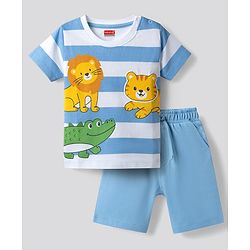 Babyhug Single Jersey Knit Half Sleeves Striped Animal Printed T-Shirt & Shorts Set - Multicolor