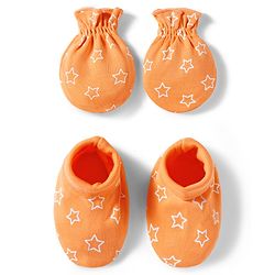 Babyhug 100% Cotton Knit Mittens & Booties Set with Star Print - Orange