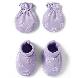 Babyhug 100% Cotton Knit Mittens & Booties Set with Star Print - Lavender