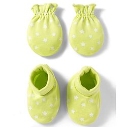 Babyhug 100% Cotton Knit Mittens & Booties With Star Print - Multicolor