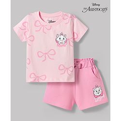 Babyhug Disney Single Jersey Knit Half Sleeves T-Shirt & Shorts Set with Marie Graphics - Pink
