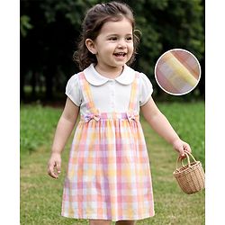 Babyhug Single Jersey Knit Half Sleeves Checked Frock With Bow Applique - White