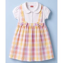 Babyhug Single Jersey Knit Half Sleeves Checked Frock With Bow Applique - White