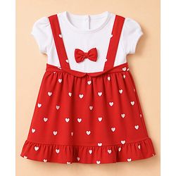 Babyhug Single Jersey Knit Half Sleeves Pinafore Dress with Hearts Print & Bow Applique - Red