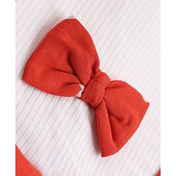 Babyhug Single Jersey Knit Half Sleeves Pinafore Dress with Hearts Print & Bow Applique - Red