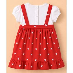 Babyhug Single Jersey Knit Half Sleeves Pinafore Dress with Hearts Print & Bow Applique - Red