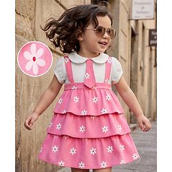 Babyhug Single Jersey Knit Frock with Half Sleeves and Floral Print - Pink