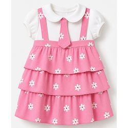 Babyhug Single Jersey Knit Frock with Half Sleeves and Floral Print - Pink