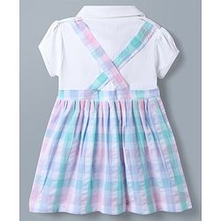 Babyhug Single Jersey Knit Half Sleeves Checked Frock With Bow Applique & Tie - White