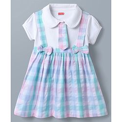 Babyhug Single Jersey Knit Half Sleeves Checked Frock With Bow Applique & Tie - White