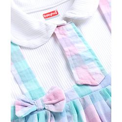 Babyhug Single Jersey Knit Half Sleeves Checked Frock With Bow Applique & Tie - White