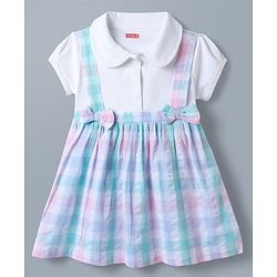 Babyhug Single Jersey Knit Half Sleeves Checked Frock With Bow Applique & Tie - White