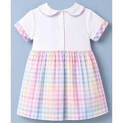 Babyhug Cotton Woven Rib Knit Half Sleeves Dress With Peter Pan Collar & Checks - Pink
