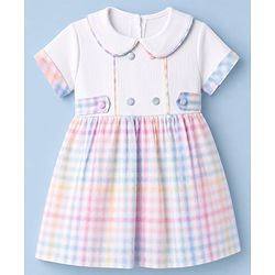 Babyhug Cotton Woven Rib Knit Half Sleeves Dress With Peter Pan Collar & Checks - Pink