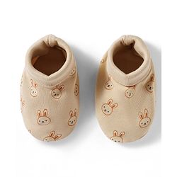 Babyhug 100% Cotton Knit Mittens & Booties Set with Bunny Print - Beige