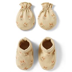 Babyhug 100% Cotton Knit Mittens & Booties Set with Bunny Print - Beige