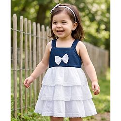 Babyhug Cotton Woven Sleeveless Layered Frock With Bow Applique - Navy Blue & White