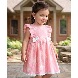 Babyhug Cotton Woven Half Frill Sleeves Floral Embroidered Frock With Bow Applique - Pink