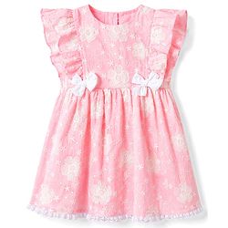 Babyhug Cotton Woven Half Frill Sleeves Floral Embroidered Frock With Bow Applique - Pink